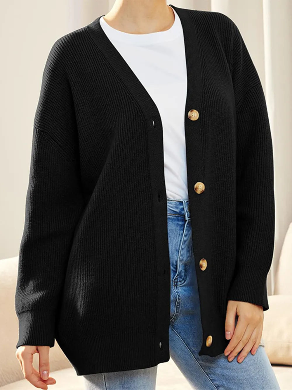 Button Down V-Neck Long Sleeve Cardigan Fitggins