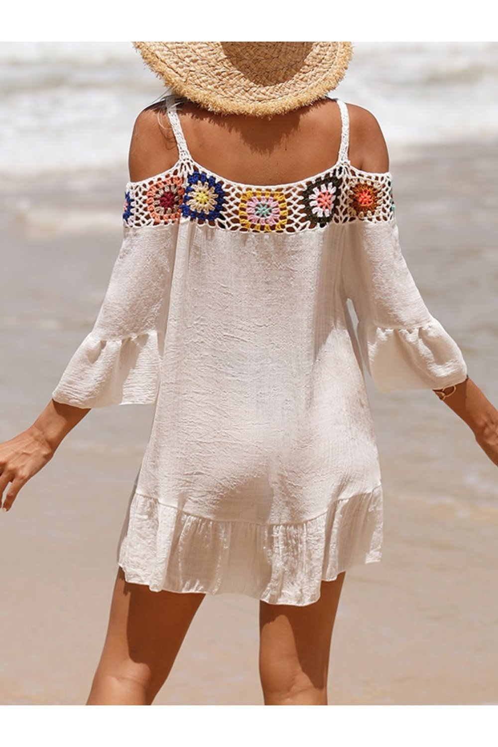 Crochet Cold Shoulder Three-Quarter Sleeve Cover Up - Cover-Ups - FITGGINS