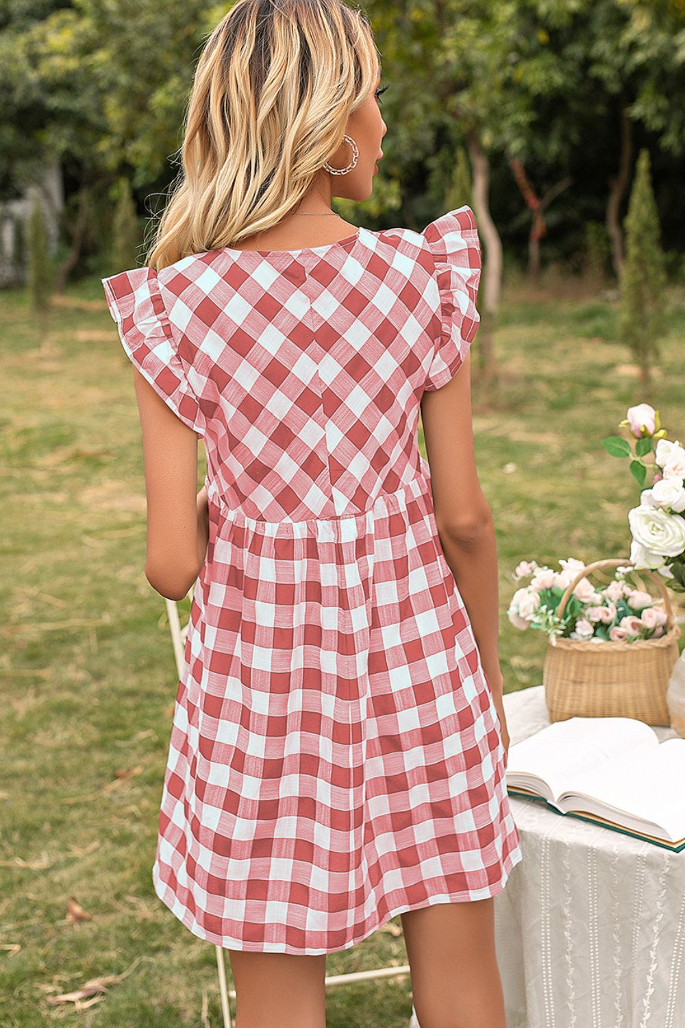 Ivy Lane Plaid Butterfly Sleeve Deep V Dress Fitggins