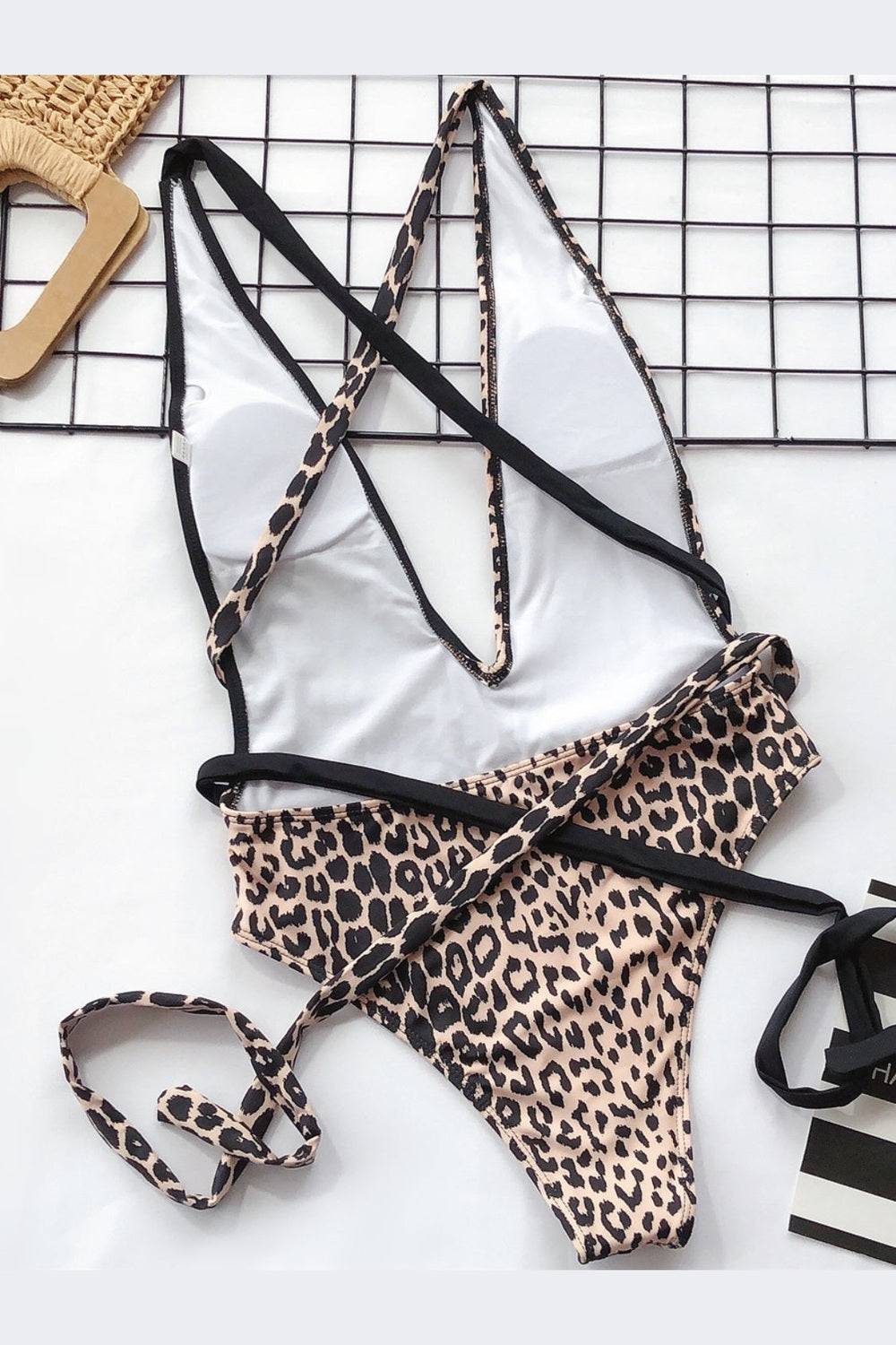 Tied Leopard Plunge One-Piece Swimwear Fitggins