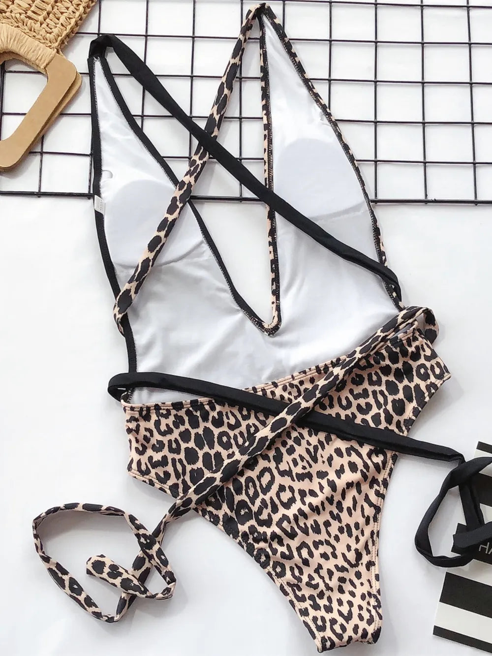 Tied Leopard Plunge One-Piece Swimwear Fitggins