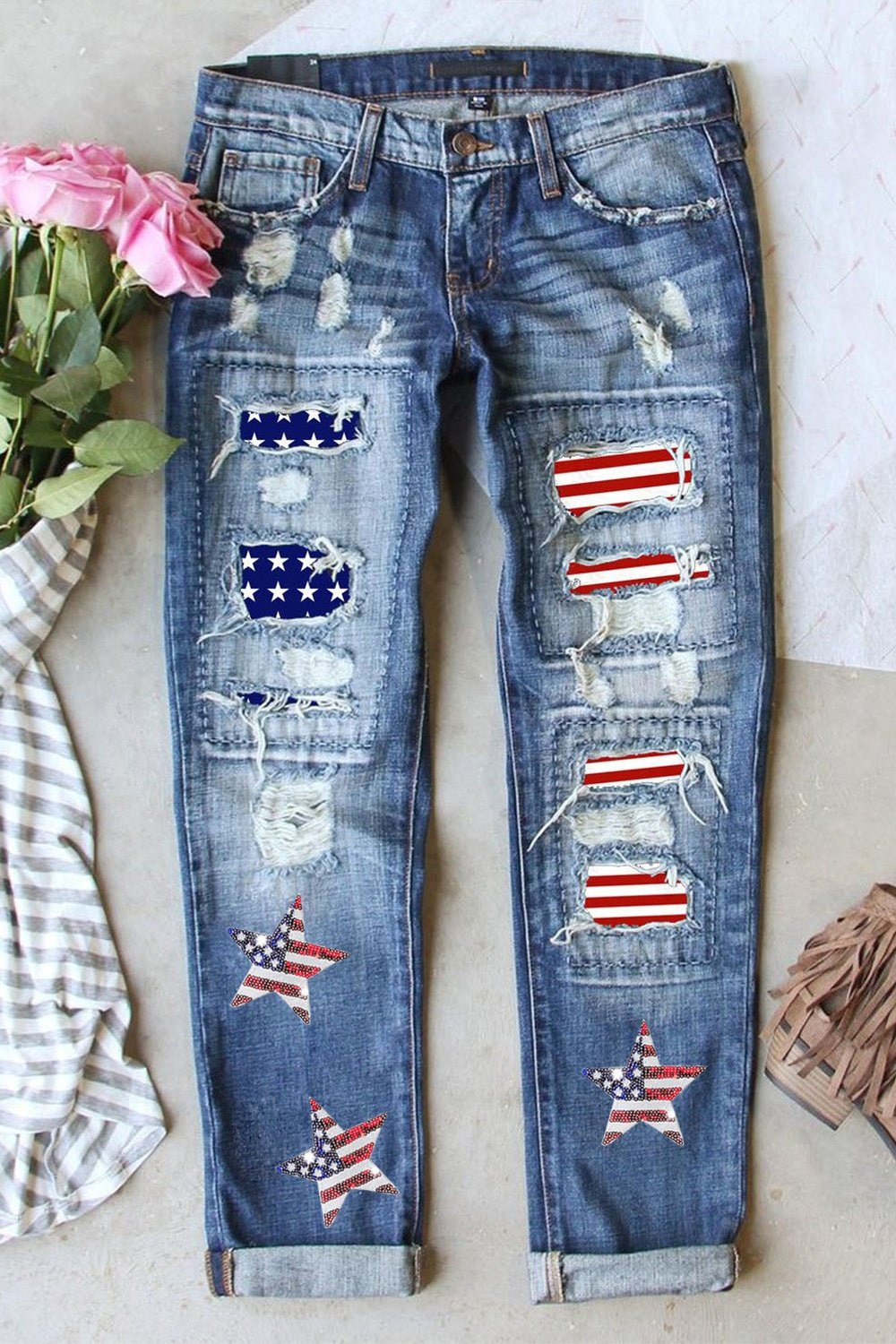 US Flag Mid-Rise Waist Straight Jeans - Jeans - FITGGINS