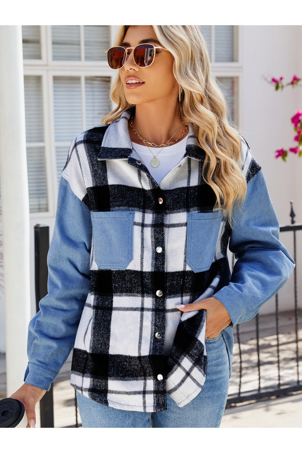 Pocketed Plaid Snap Down Denim Jacket Fitggins