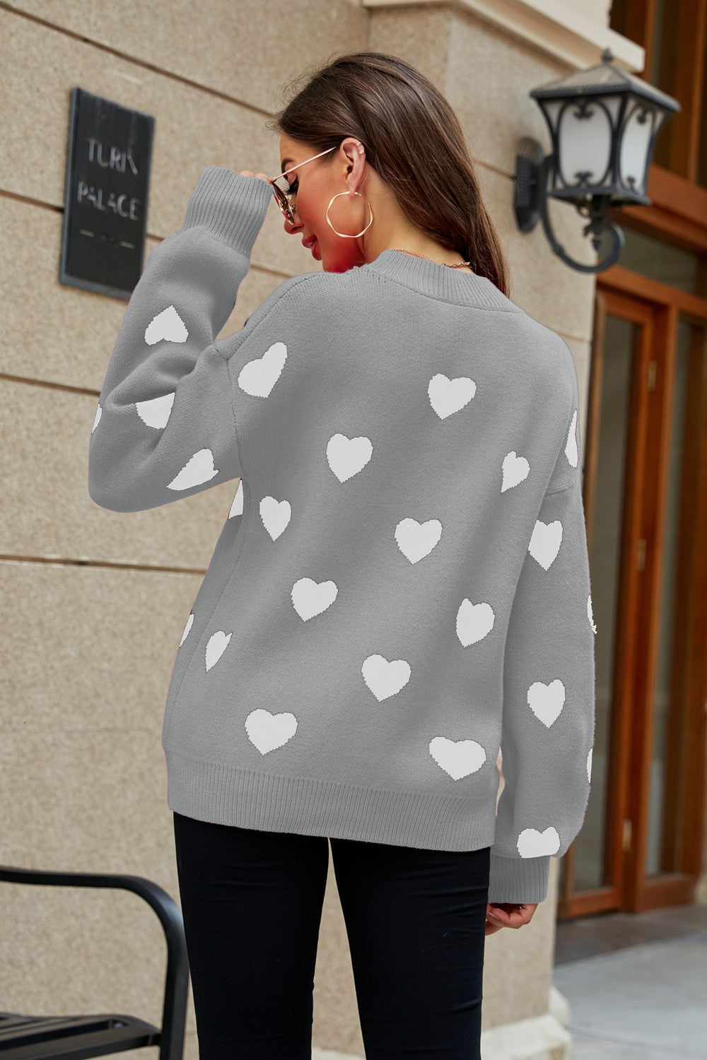 Woven Right Heart Pattern Lantern Sleeve Round Neck Tunic Sweater Fitggins
