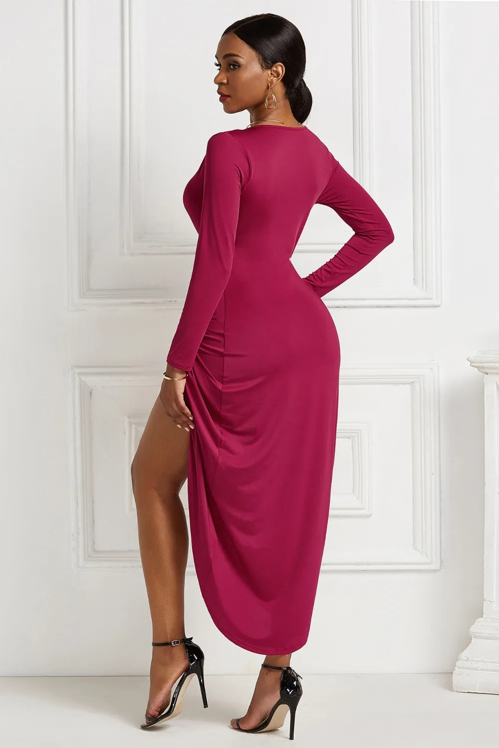 High-low Ruched Surplice Long Sleeve Dress Fitggins