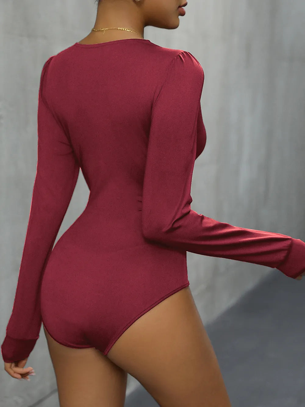 Perfee Lace Detail Plunge Long Sleeve Bodysuit Fitggins