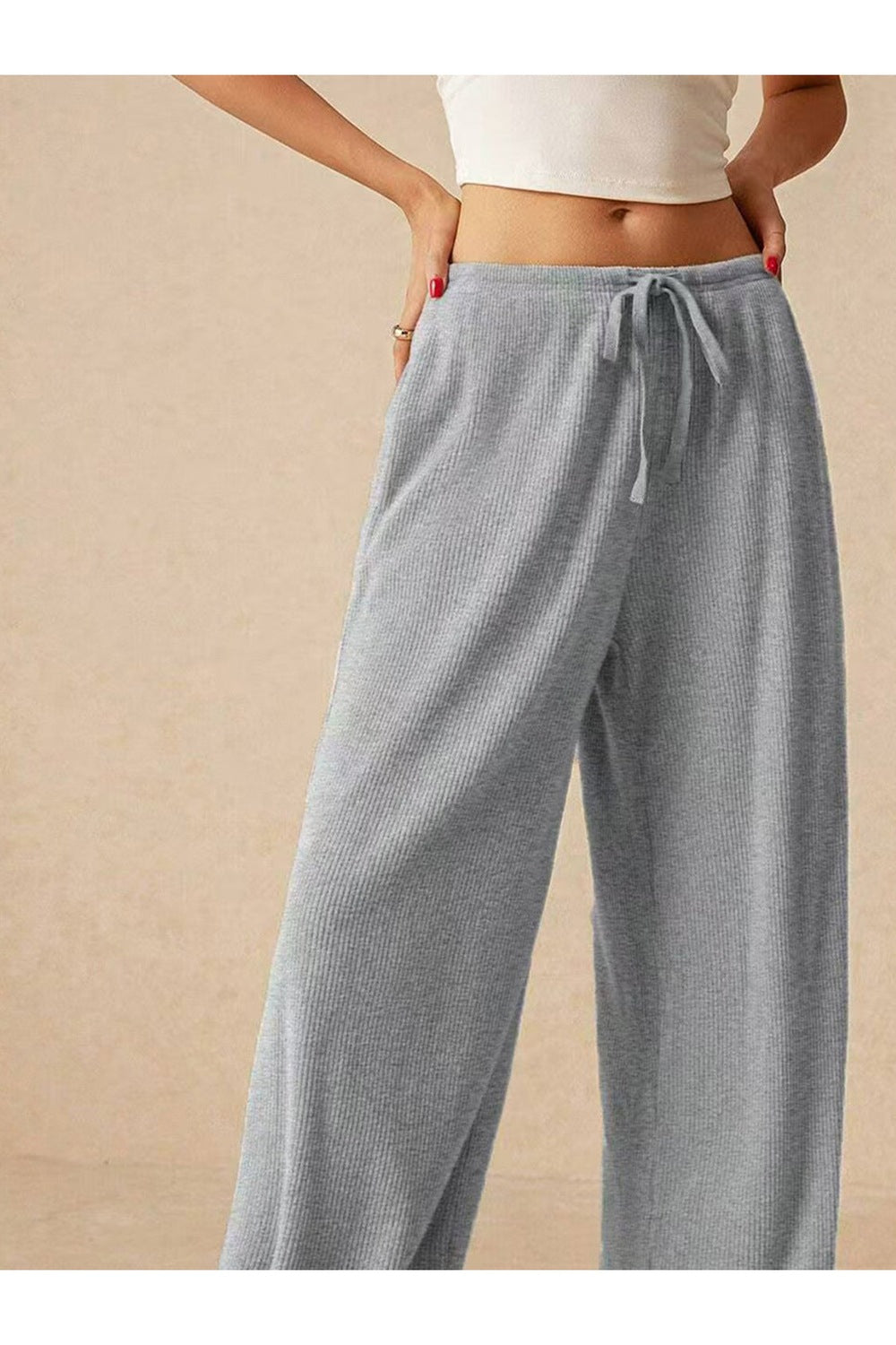 Ribbed Drawstring Wide Leg Pants Fitggins