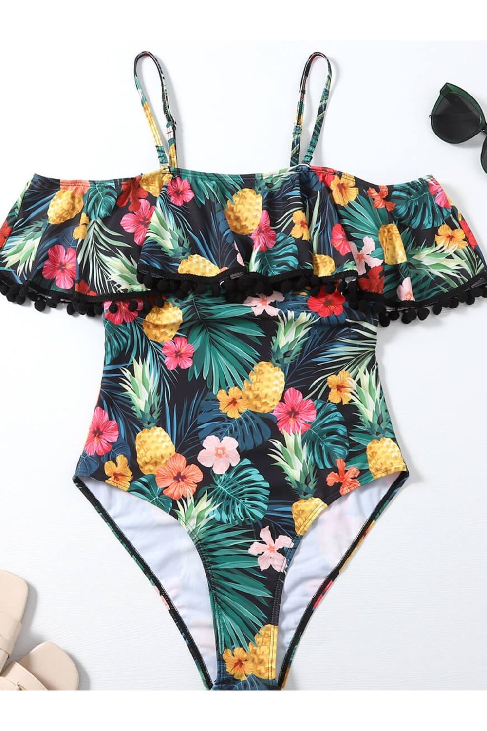 Botanical Print Cold-Shoulder One-Piece Swimsuit - Swimwear One-Pieces - FITGGINS