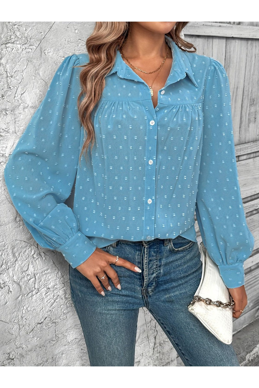 Full Size Swiss Dot Long Sleeve Collared Shirt Fitggins