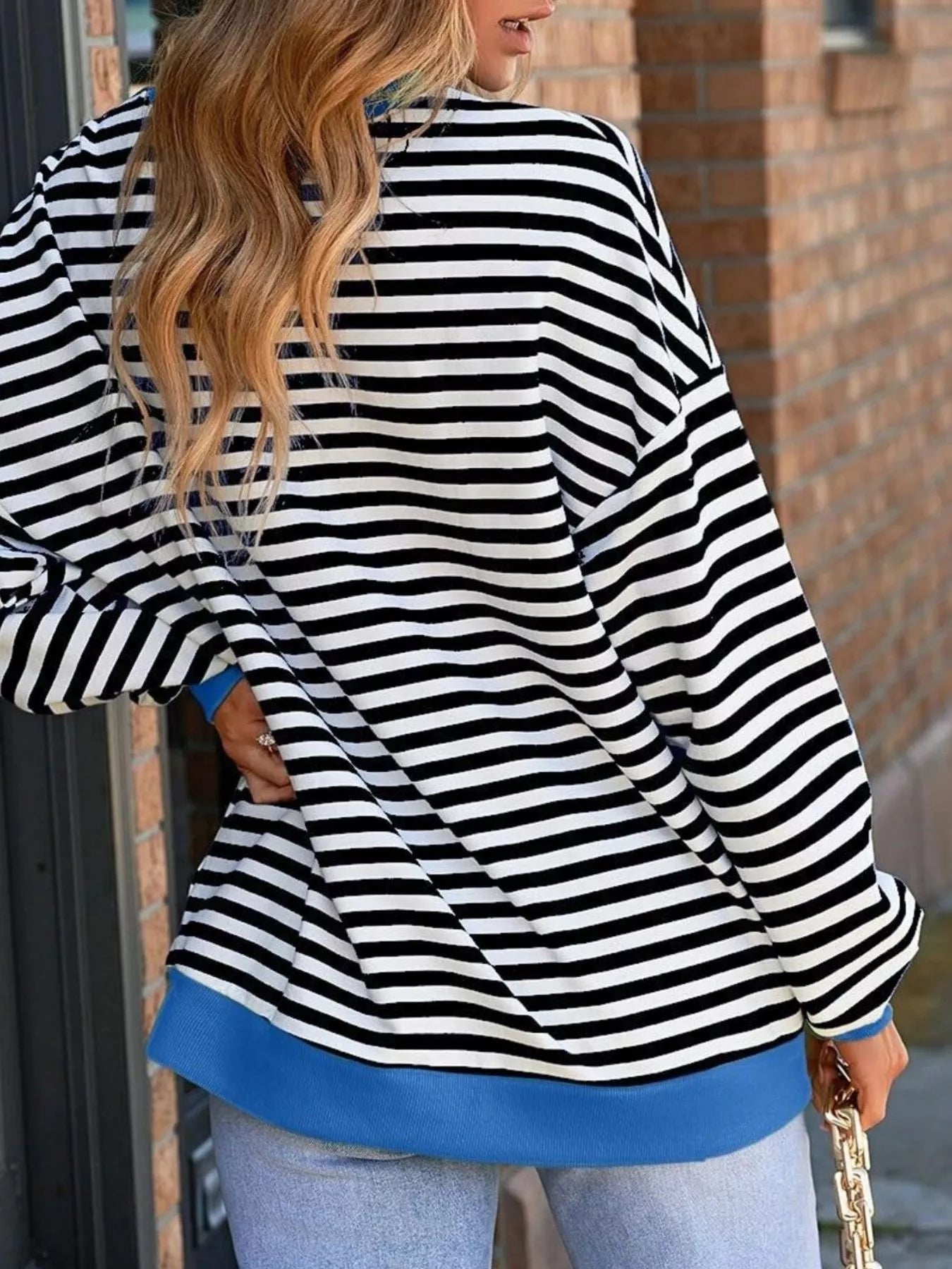 Striped Round Neck Dropped Shoulder Sweatshirt Fitggins