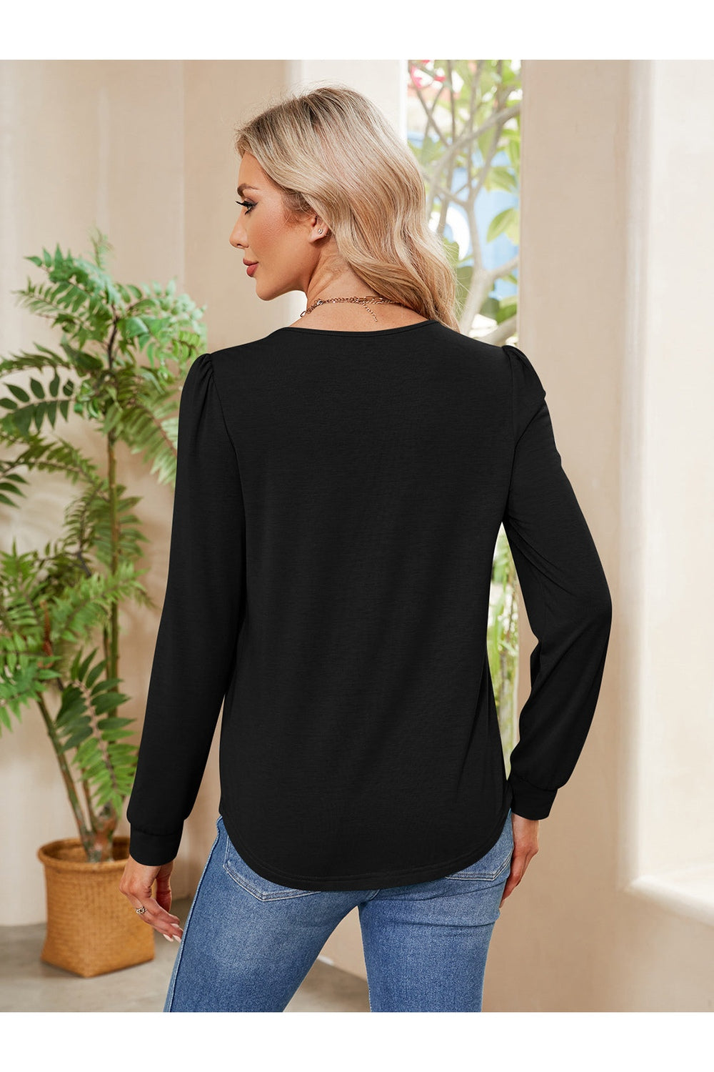 Ruched Long Sleeve Blouse with Round Neck Fitggins