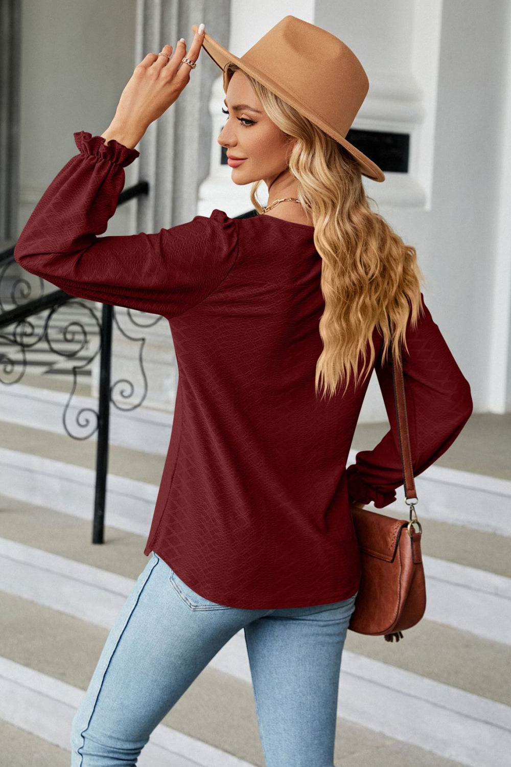 Round Neck Flounce Sleeve Blouse Fitggins