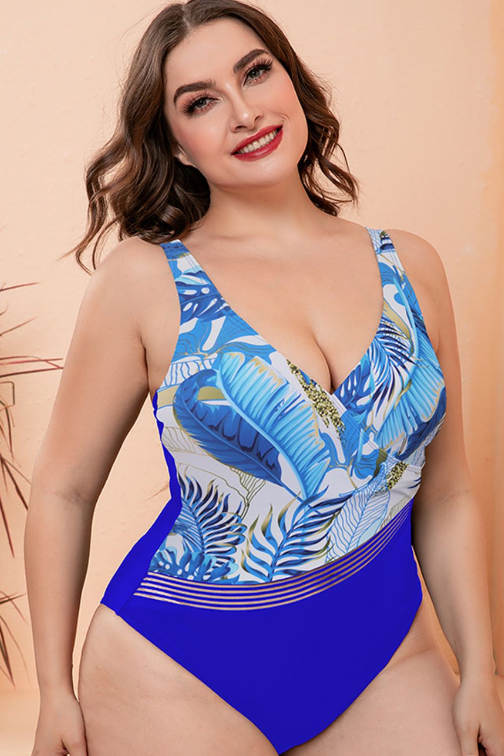 Full Size Two-Tone Plunge One-Piece Swimsuit - Swimwear One-Pieces - FITGGINS