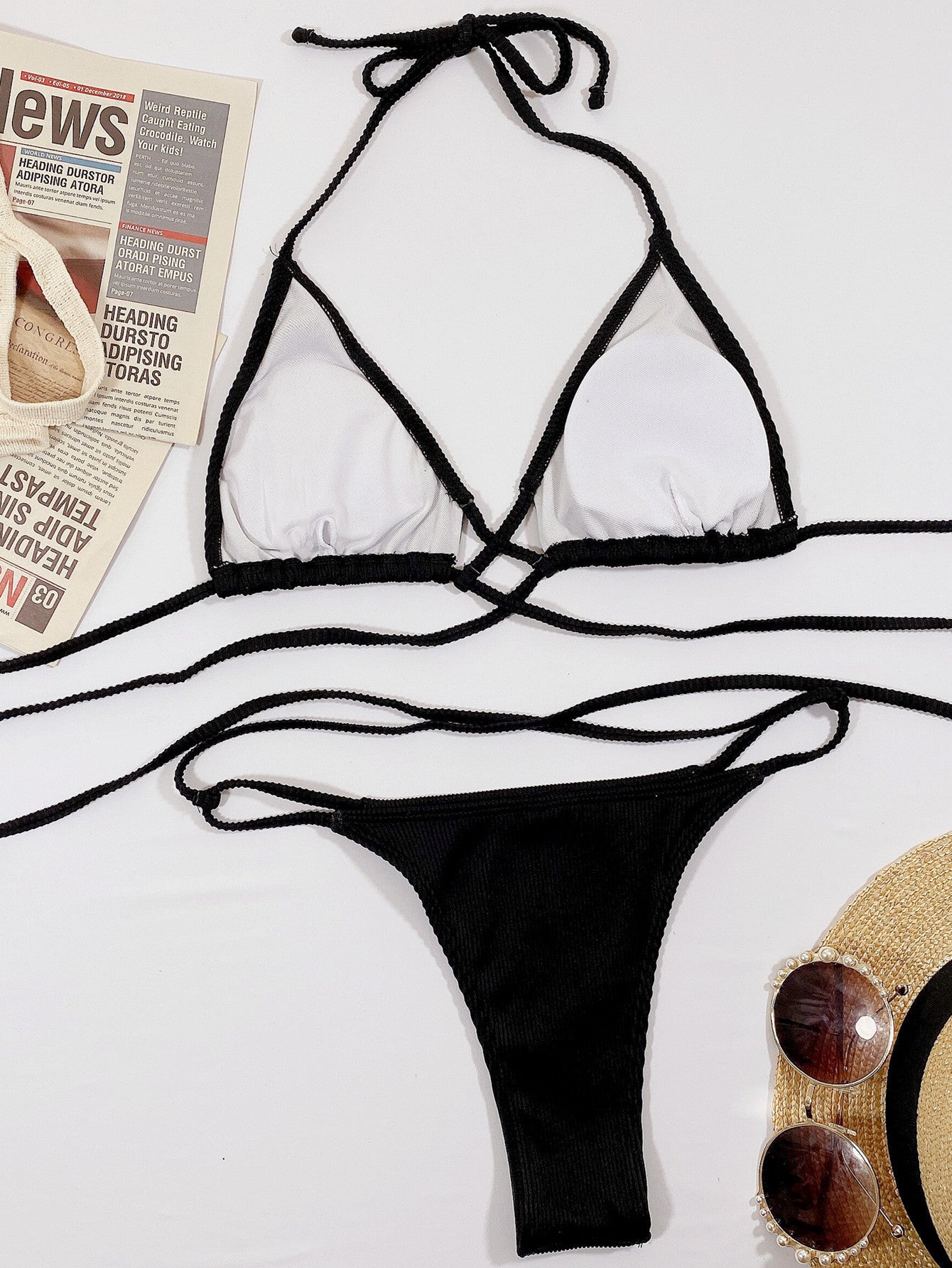 Halter Neck Crisscross Ribbed Bikini Set Fitggins
