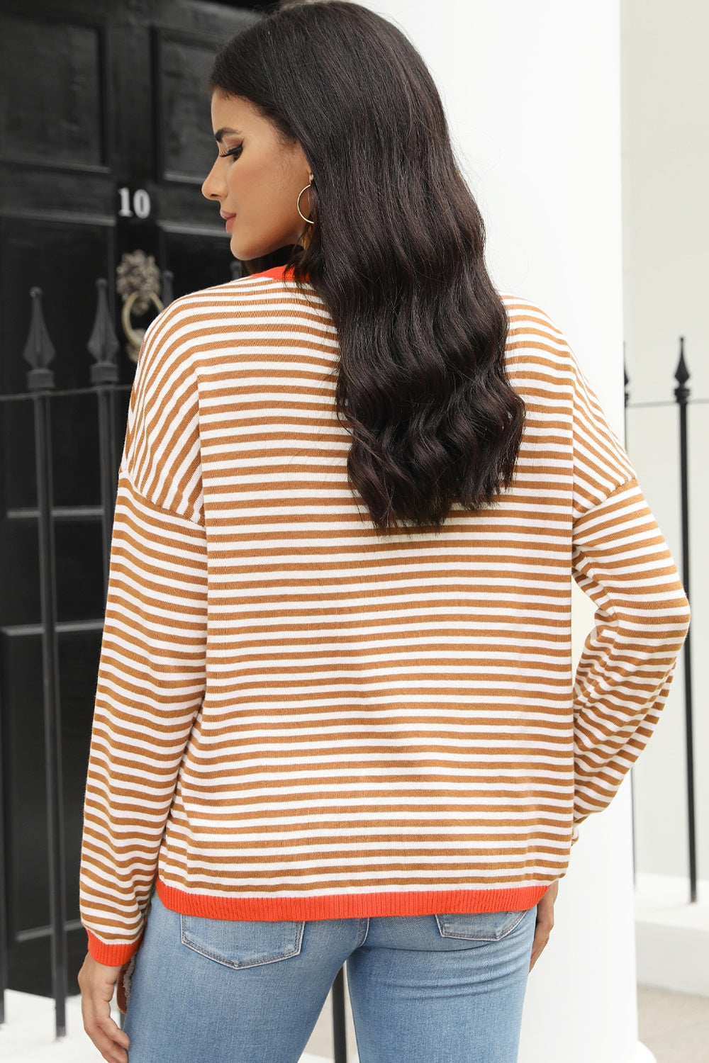 Striped Round Neck Drop Shoulder T-Shirt Ochre Fitggins