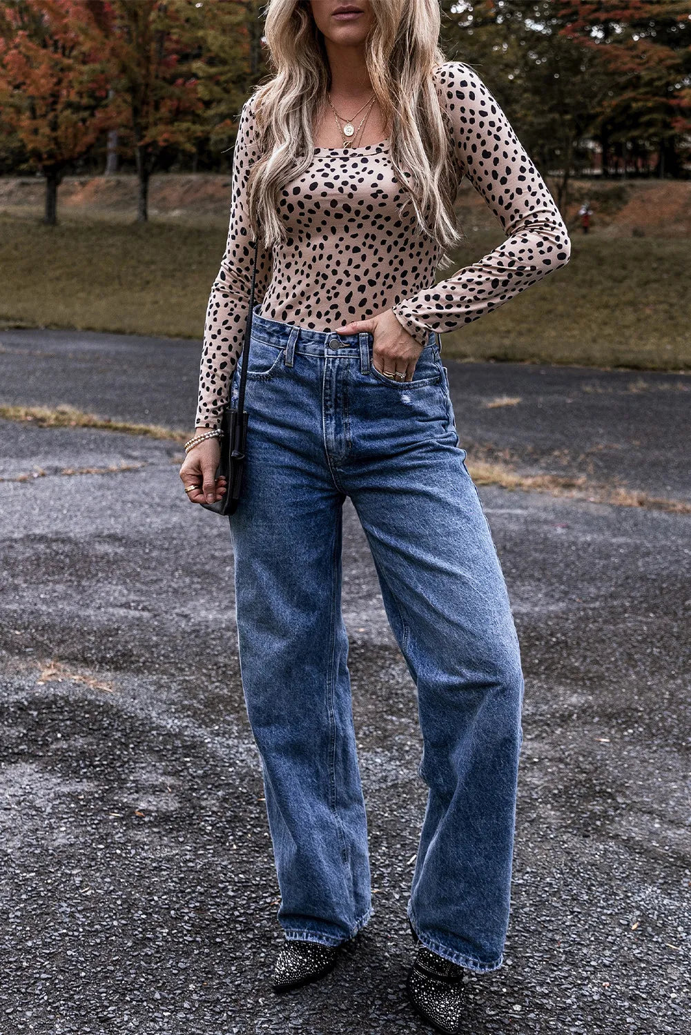 Animal Print Scoop Neck Long Sleeve Bodysuit Fitggins