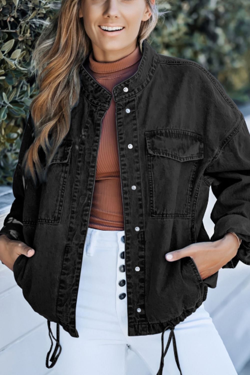 Drawstring Snap Down Denim Jacket with Chest Pockets Fitggins