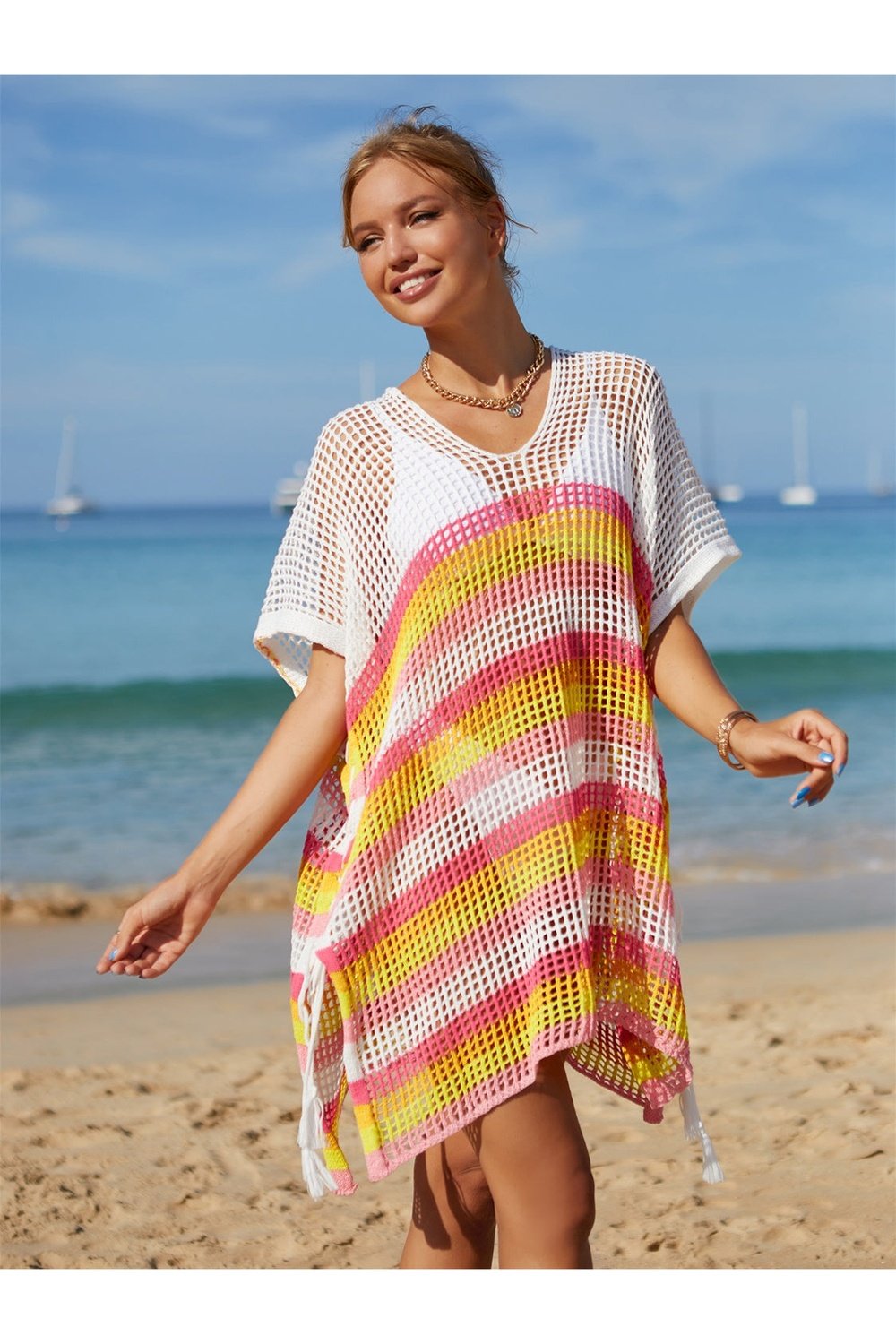 Cutout Striped Beach Cover-Up with Tassel Pink One Size Fitggins