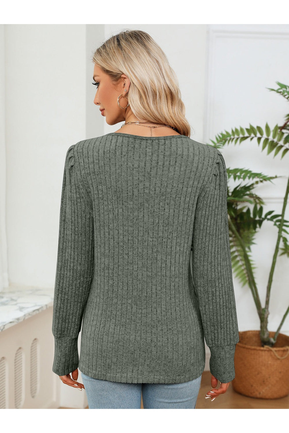 Lace Detail V-Neck Ribbed Blouse Fitggins