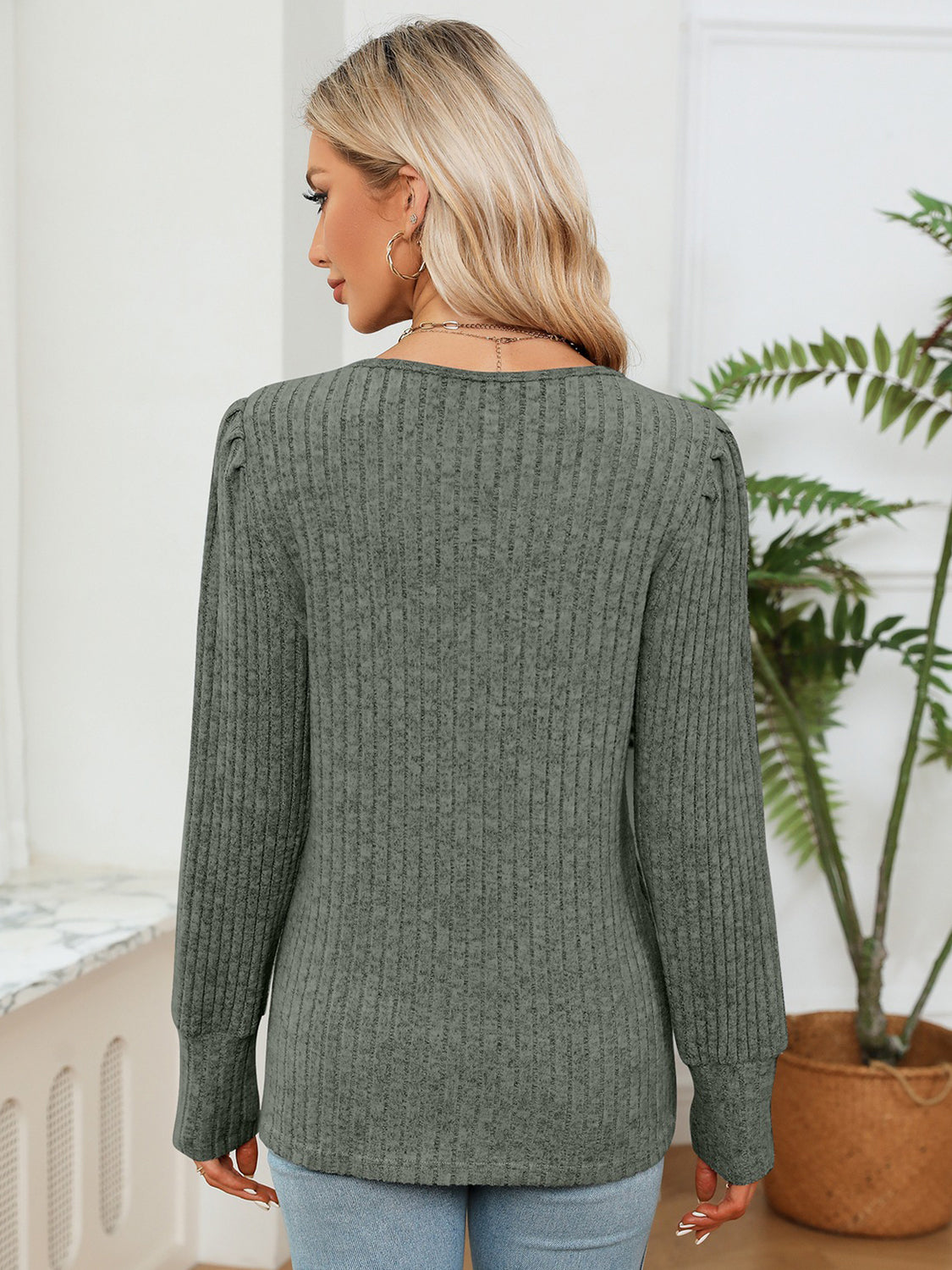 Lace Detail V-Neck Ribbed Blouse Fitggins