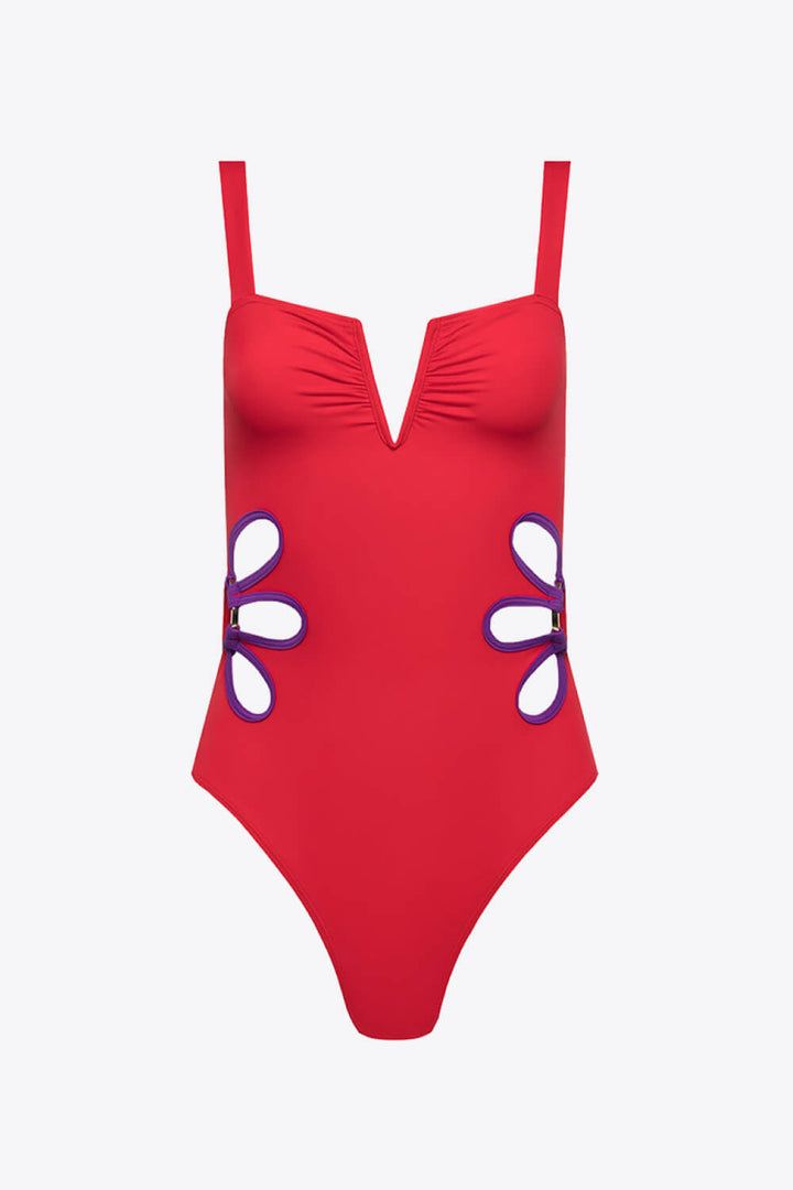 Contrast Trim Cutout Notched Neck One-Piece Swimsuit - Swimwear One-Pieces - FITGGINS