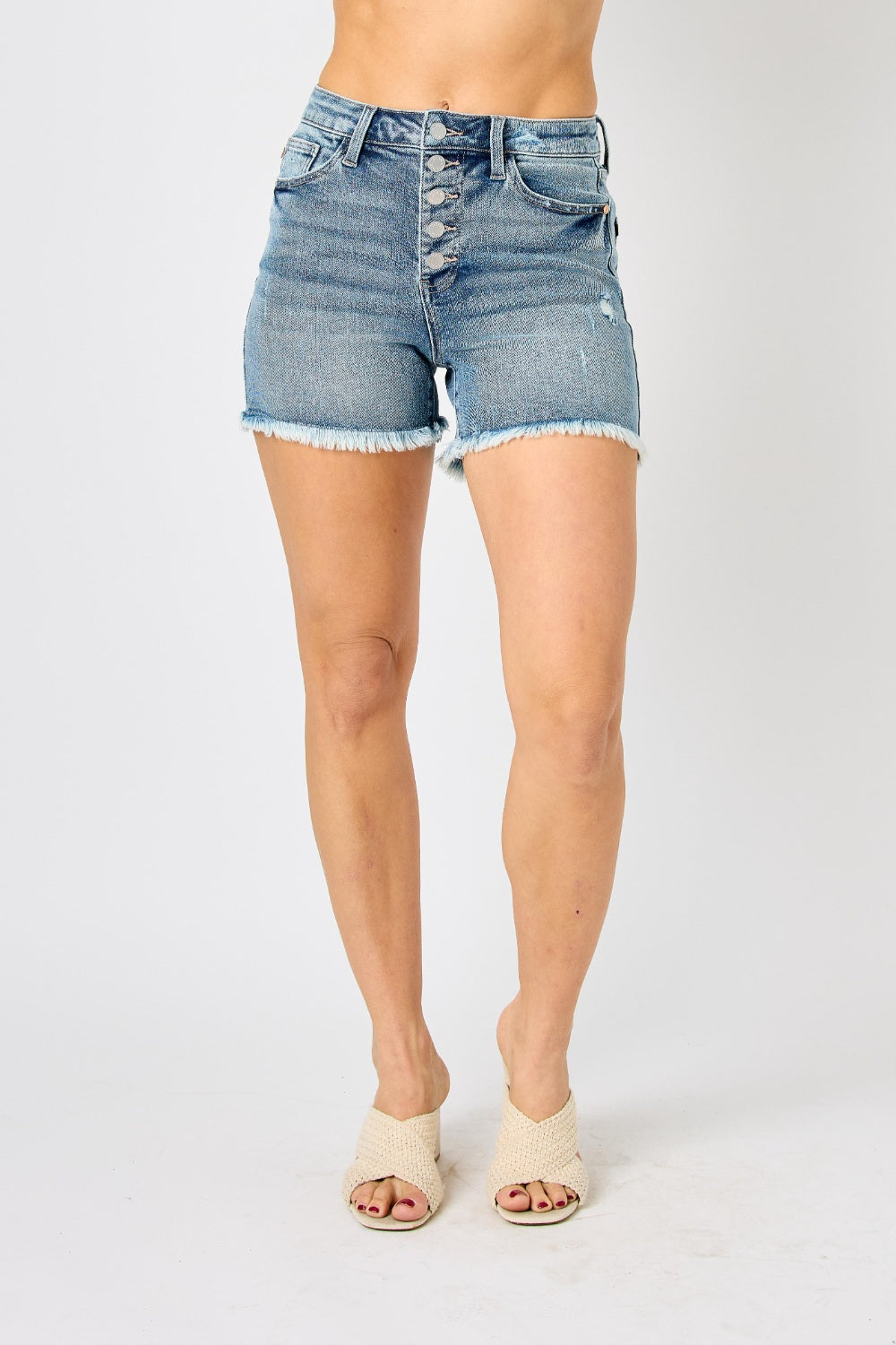 Judy Blue Full Size Button Fly Raw Hem Denim Shorts - Denim Shorts - FITGGINS