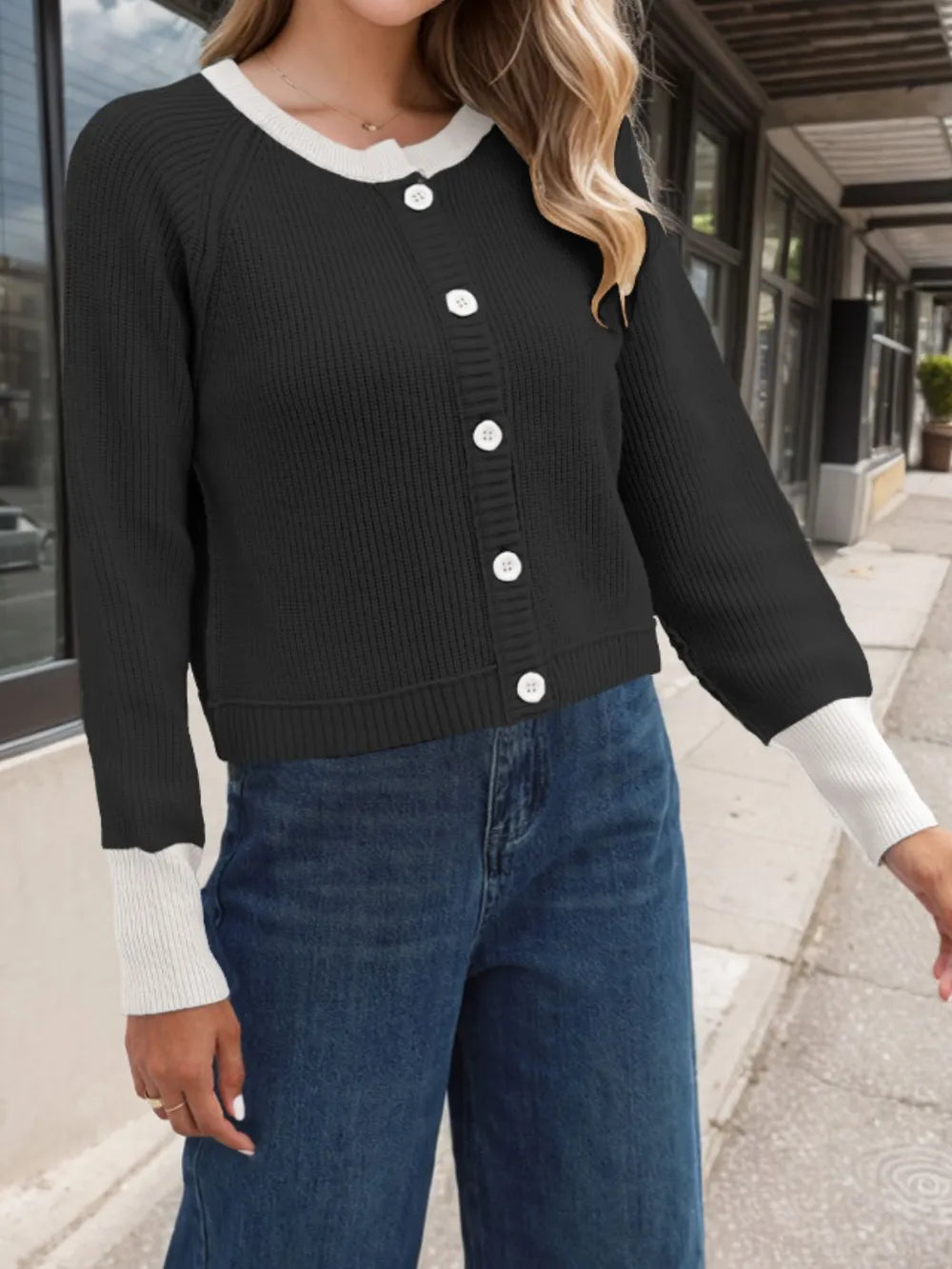 Contrast Button Up Long Sleeve Cardigan Fitggins