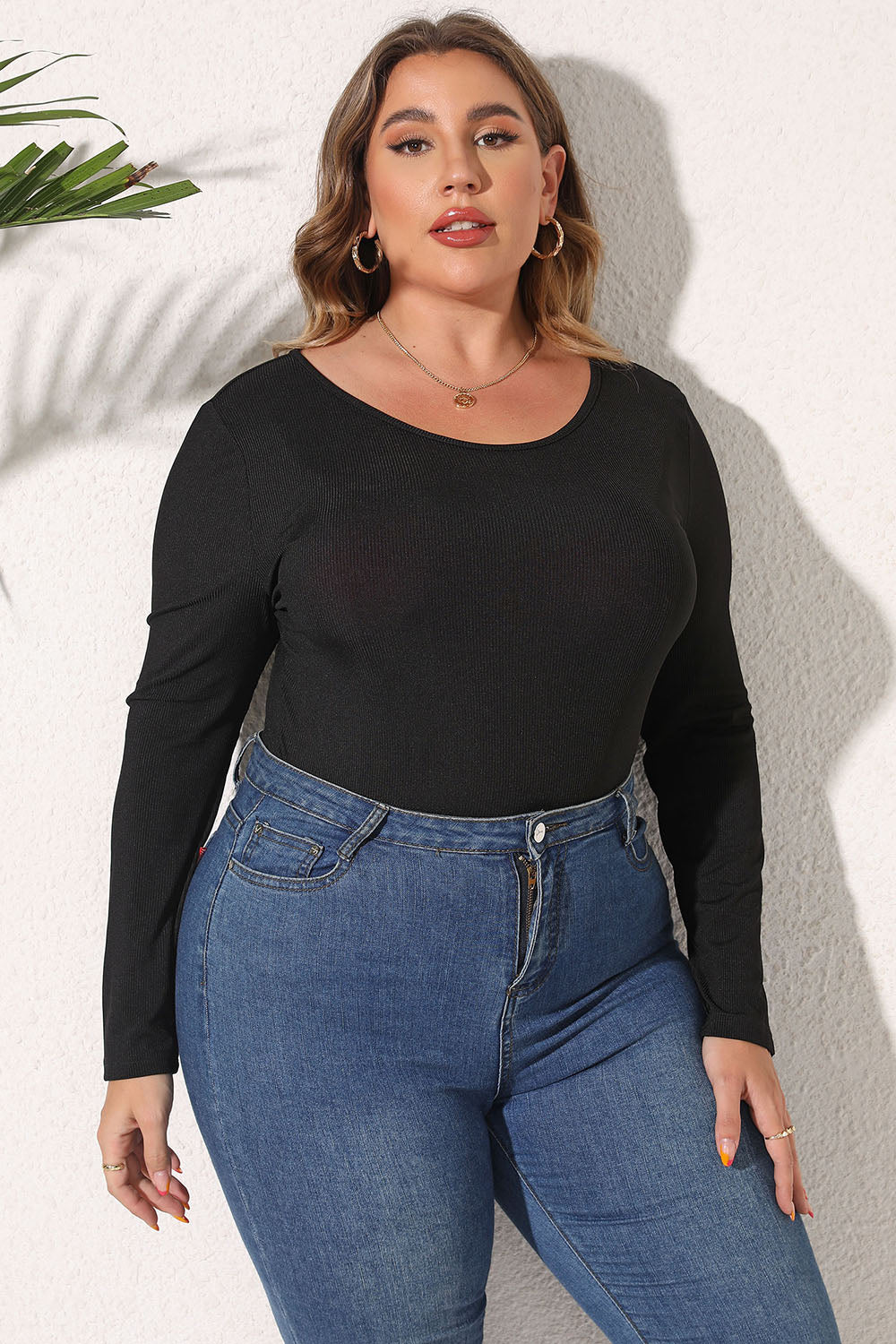 Plus Size Round Neck Long Sleeve Bodysuit Fitggins