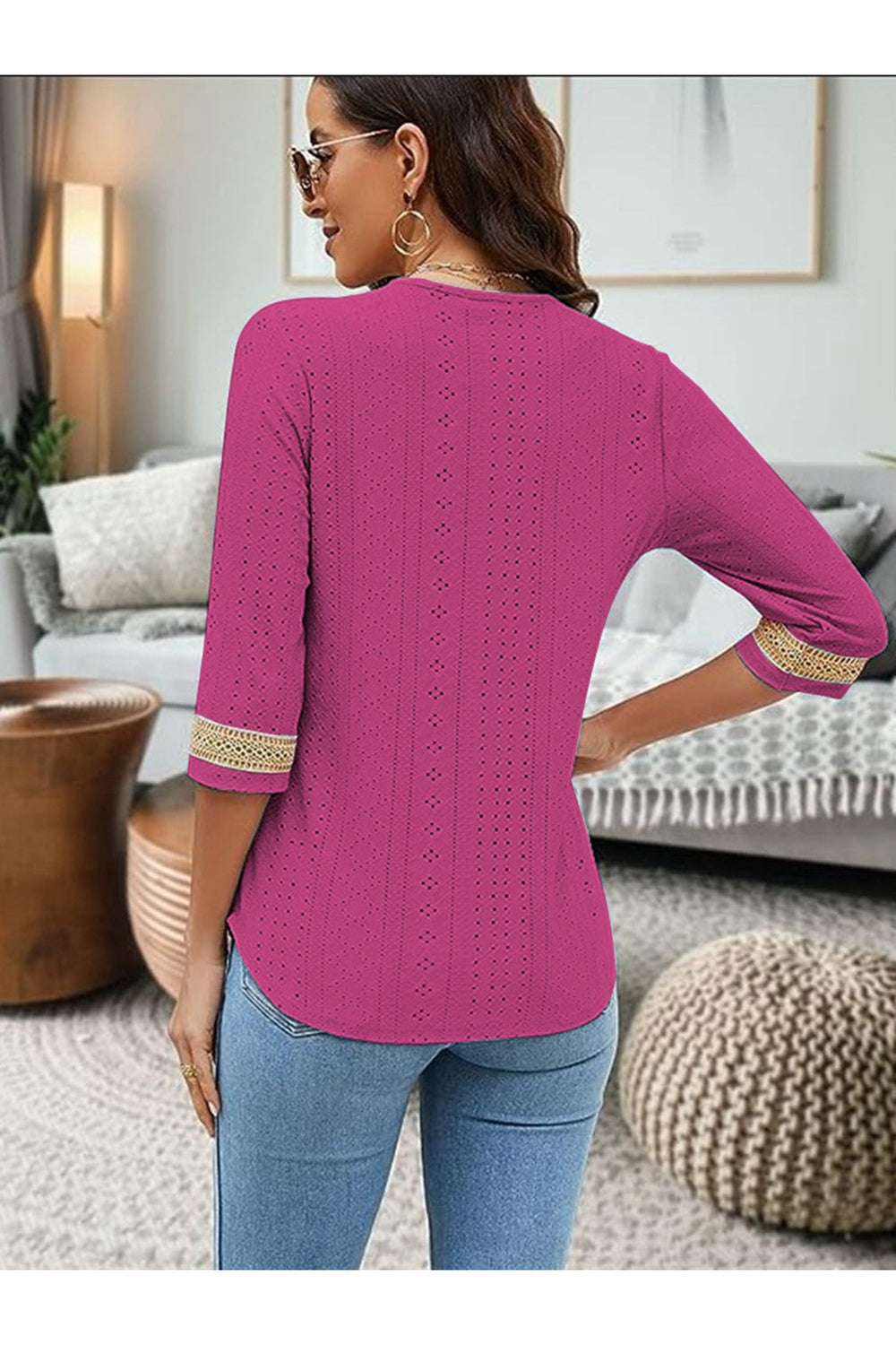 Exquisite V-Neck Eyelet Blouse Fitggins