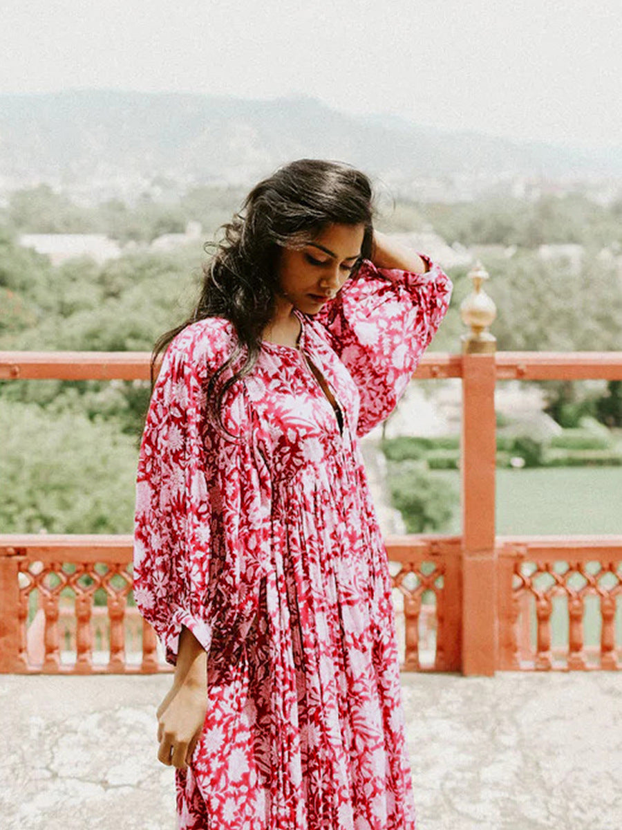 Floral Tie Neck Lantern Sleeve Dress Fitggins