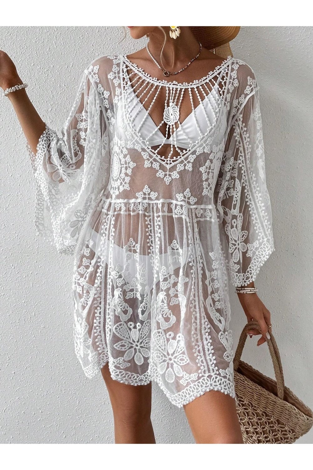Lace Round Neck Cover-Up - Cover-Ups - FITGGINS