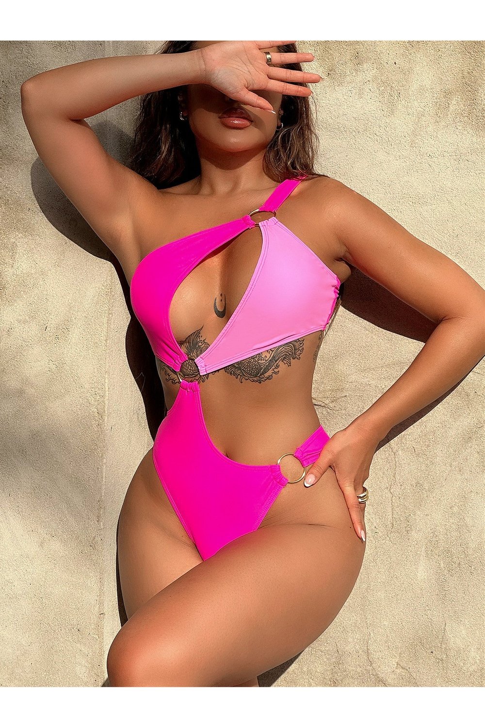 One-Shoulder Cutout Ring Detail One-Piece Swimsuit - Swimwear One-Pieces - FITGGINS