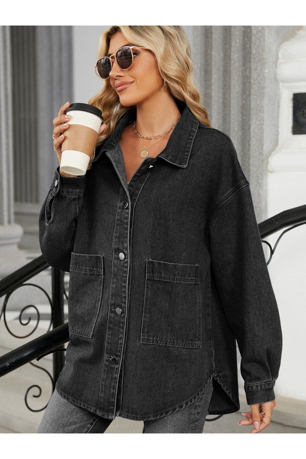 Removable Hood Button Up Long Sleeve Denim Jacket Fitggins