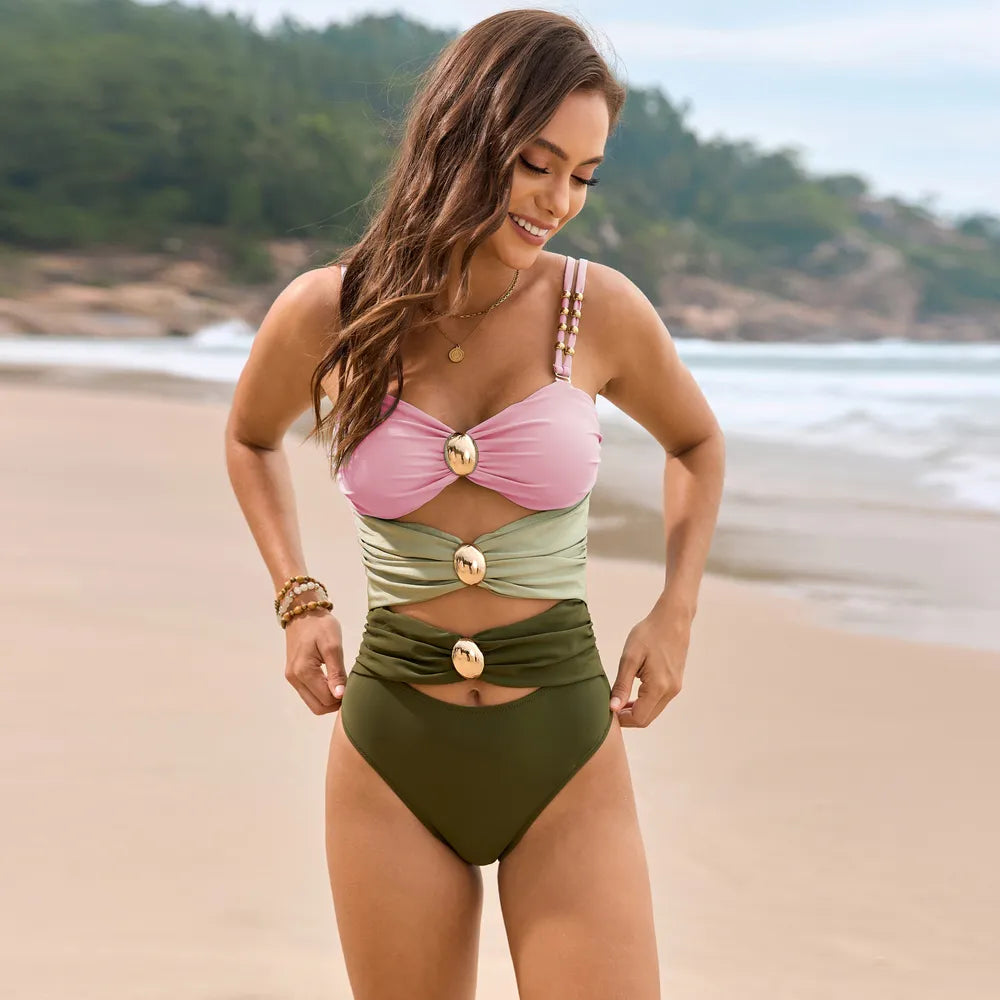 Color Block Sweetheart Neck One-Piece Swimwear Blush Pink 2XL Fitggins