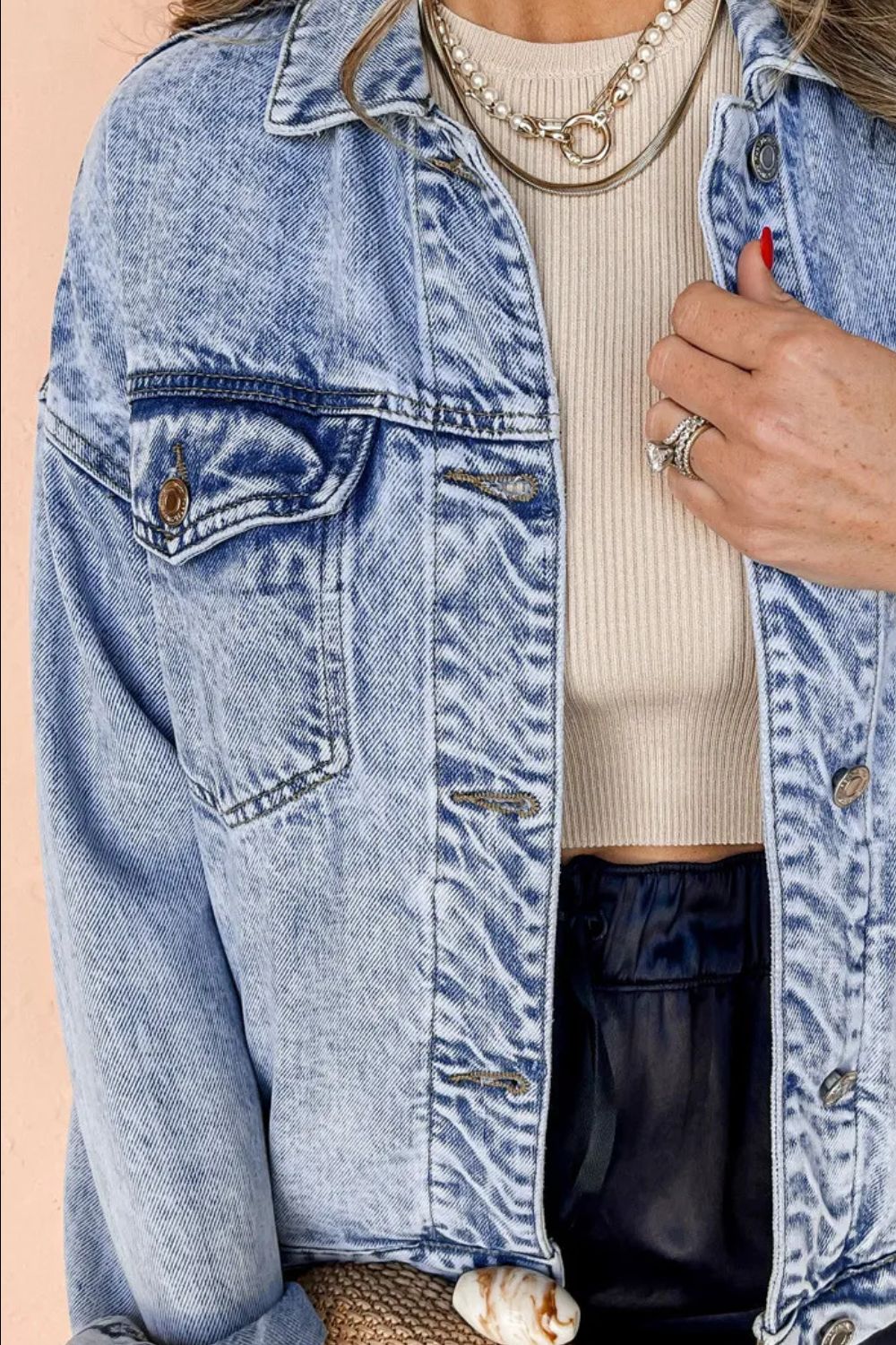Pocketed Button-Up Dropped Shoulder Denim Jacket Fitggins