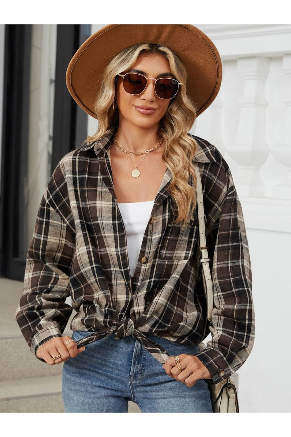 Plaid Collared Neck Long Sleeve Shirt Coffee Brown Fitggins