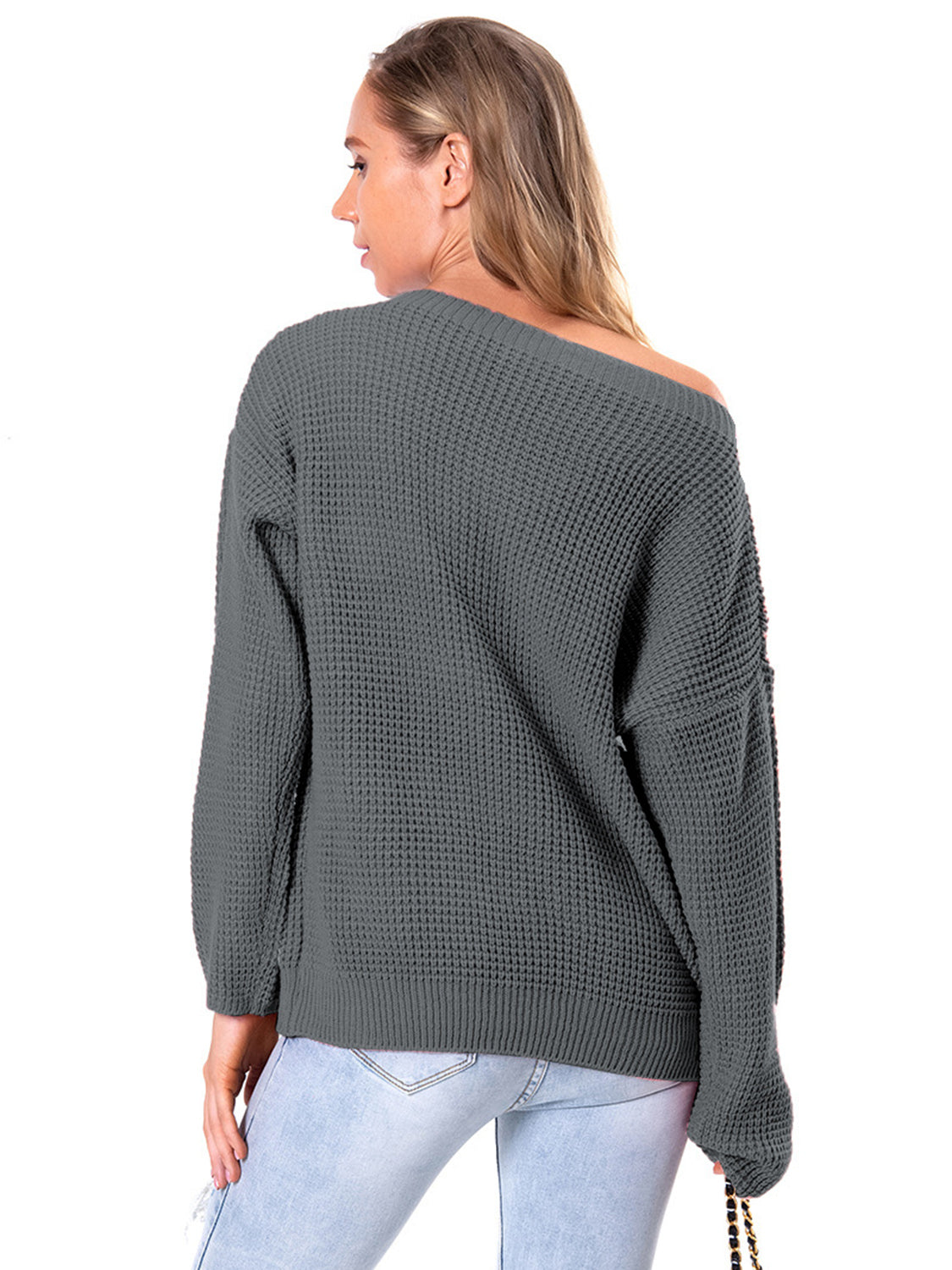 Boat Neck Drop Shoulder Long Sleeve Sweater Fitggins