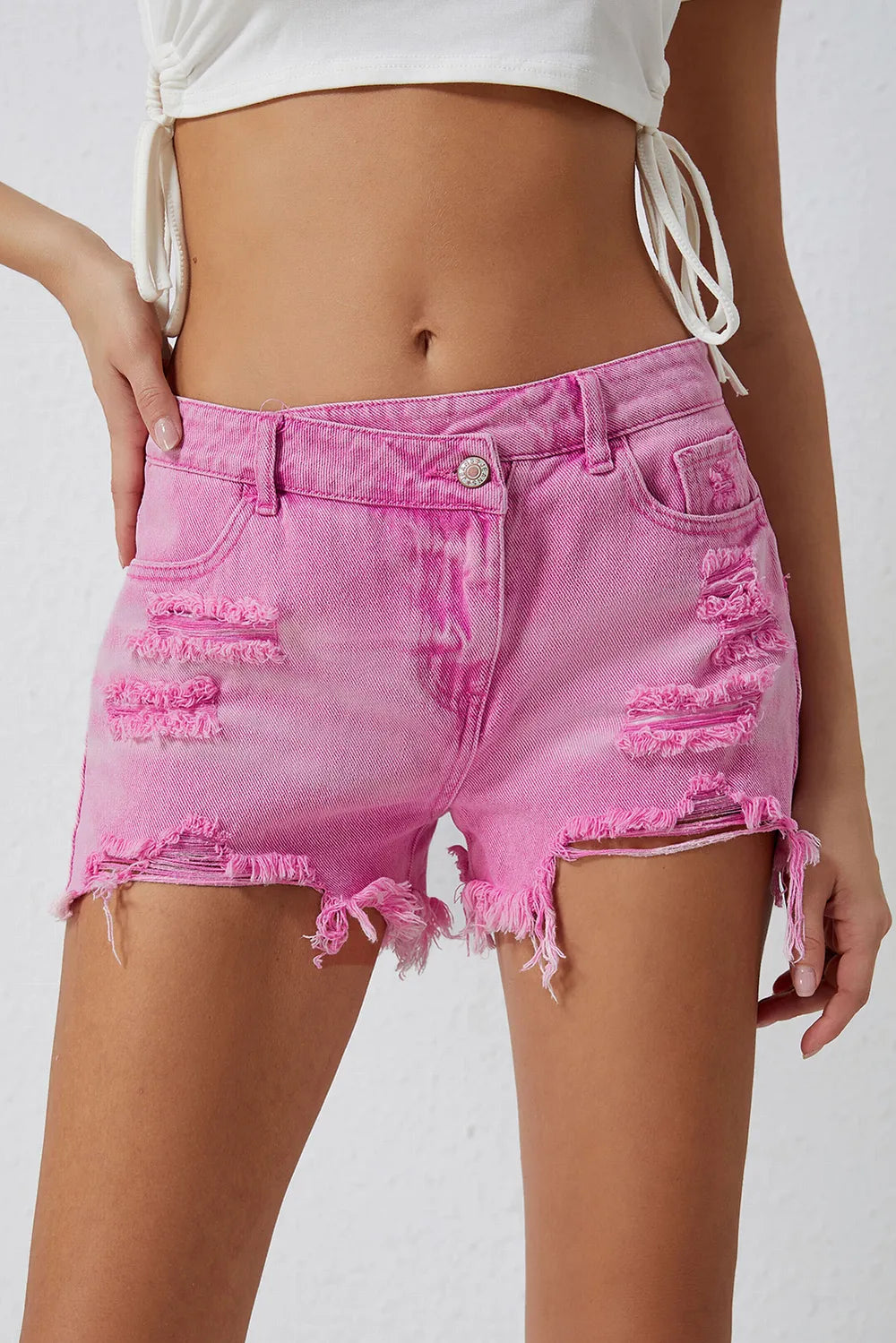 High Rise Crossover Waist Denim Shorts Pink Fitggins