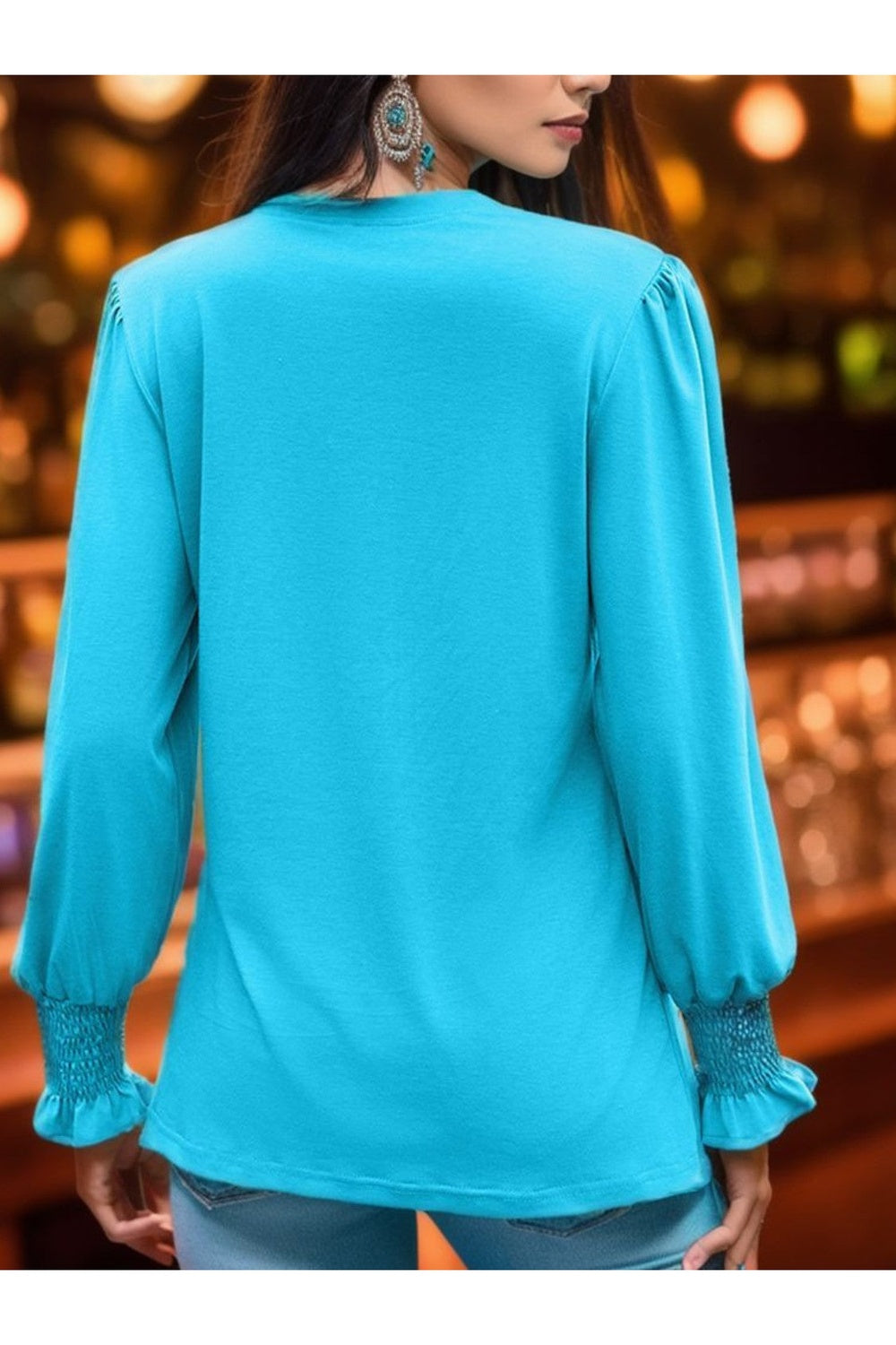 Notched Smocked Flounce Sleeve Blouse Fitggins