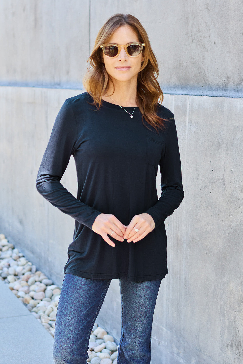 Basic Bae Full Size Round Neck Long Sleeve Top Black Fitggins