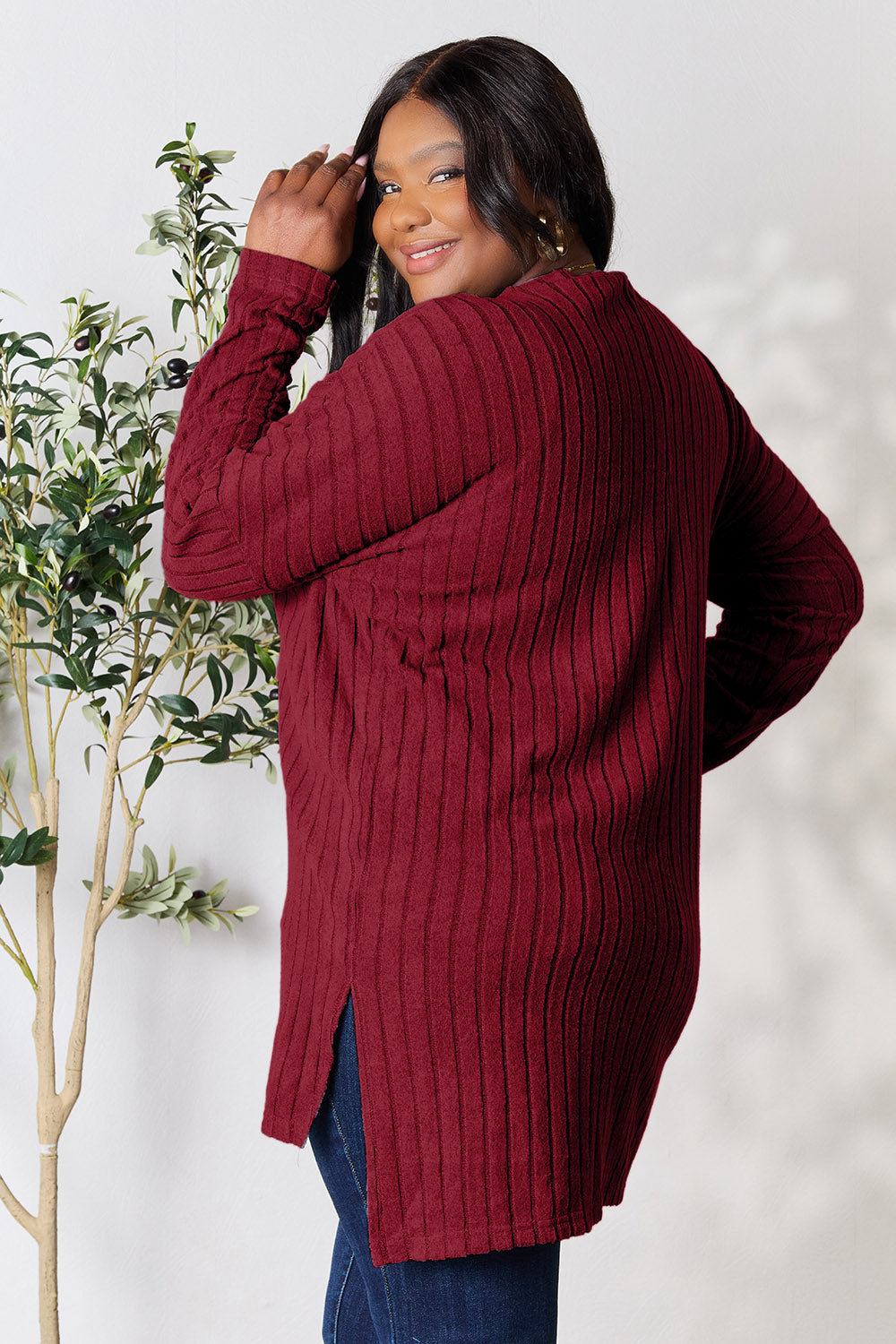 Ribbed Long Sleeve Slit Top - Classic Bae Burgundy Fitggins
