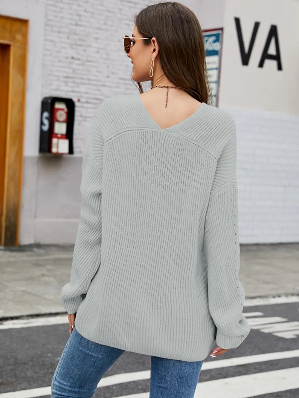 Openwork Dropped Shoulder Long Sleeve Sweater Fitggins