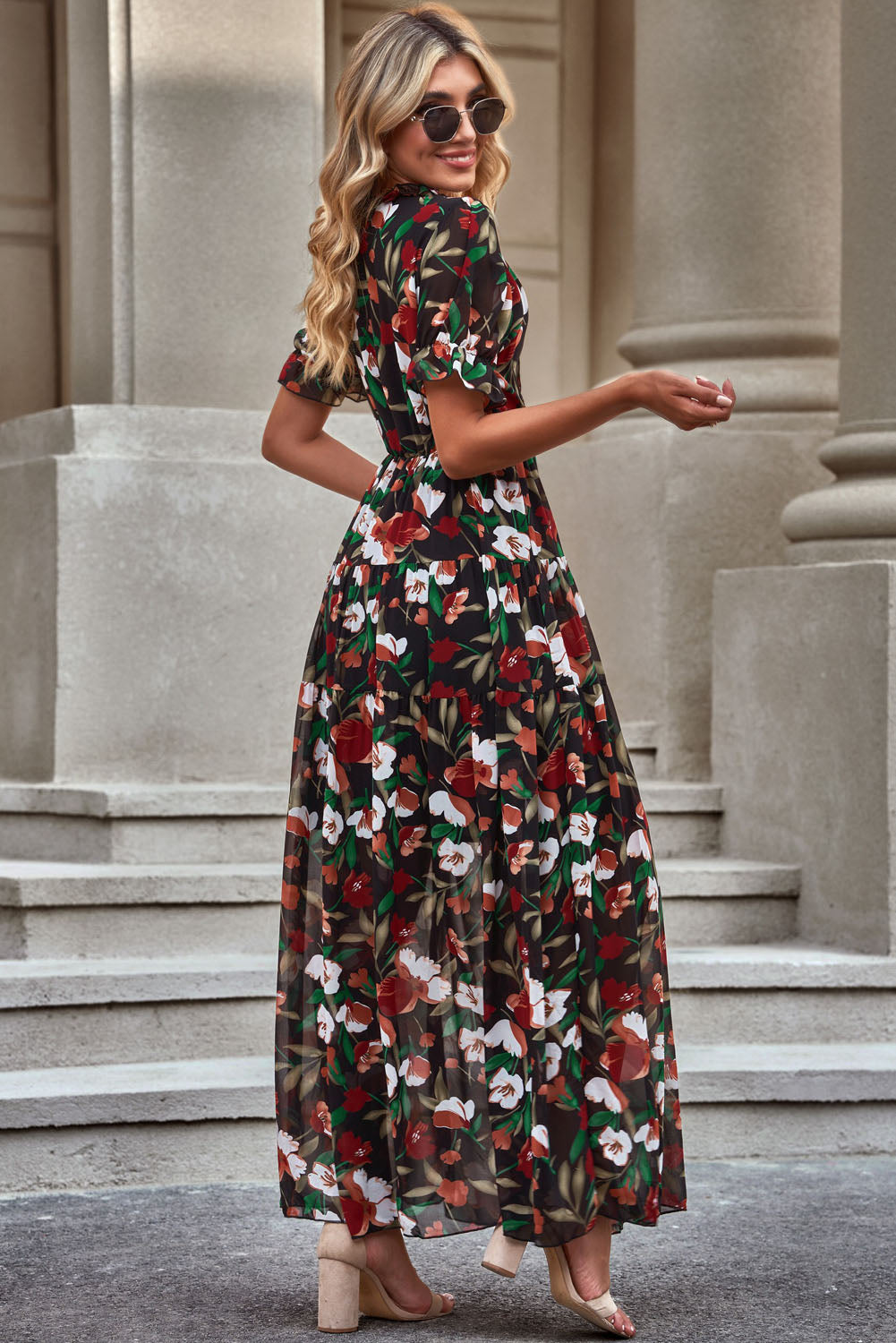 Floral V-Neck Short Flounce Sleeve Dress Fitggins