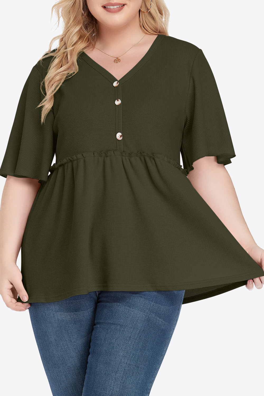 Plus Size Buttoned V-Neck Frill Trim Babydoll Blouse Fitggins