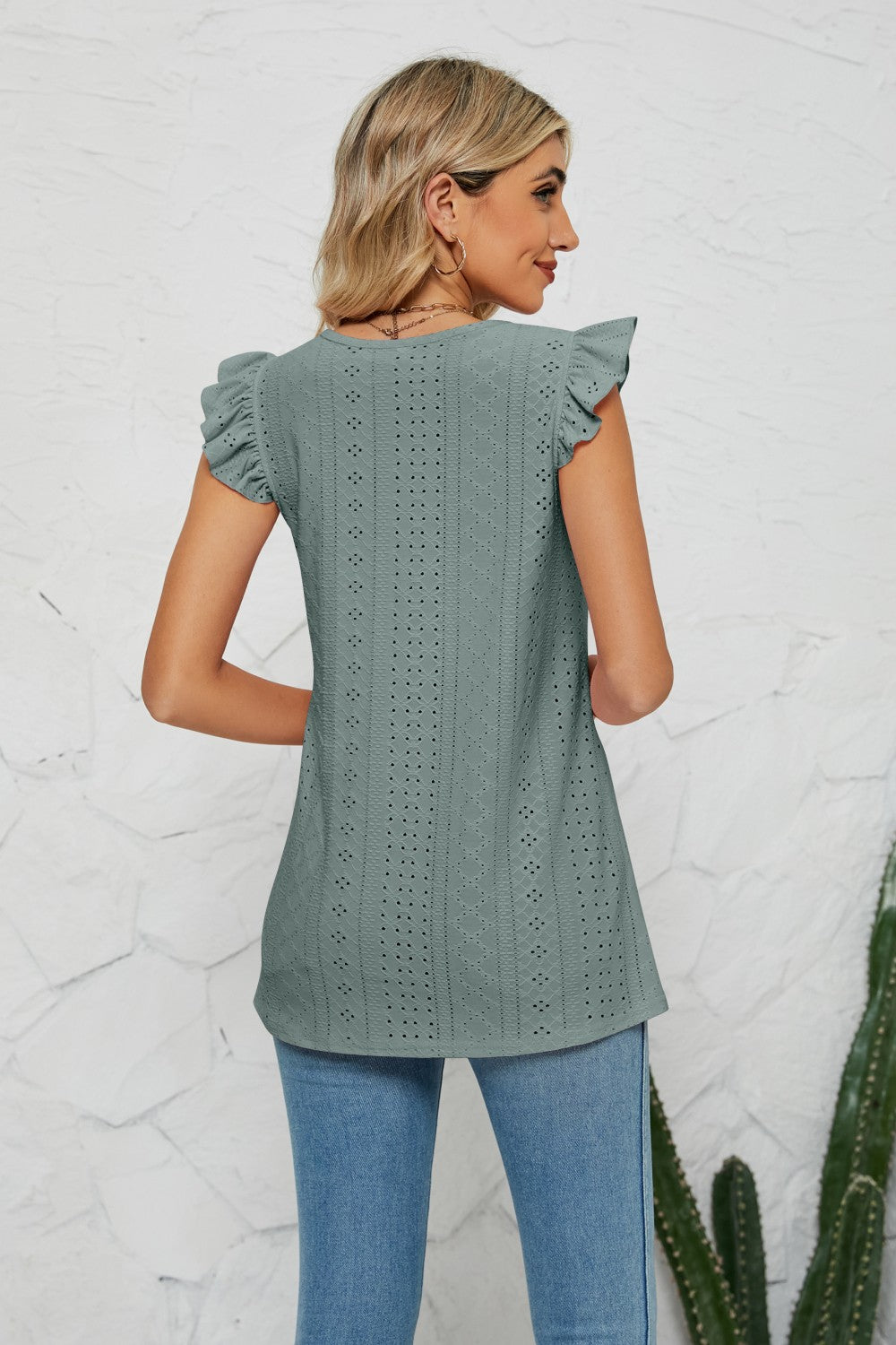 Smocked Round Neck Eyelet Top Fitggins