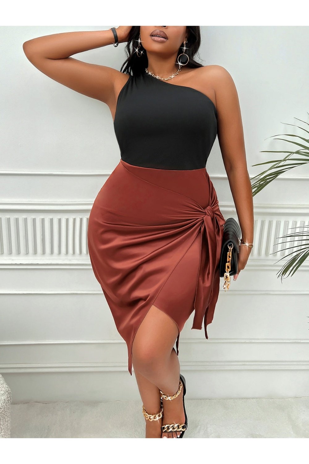 Plus Size One-Shoulder Sleeveless Tied Dress - Cocktail Dresses - FITGGINS