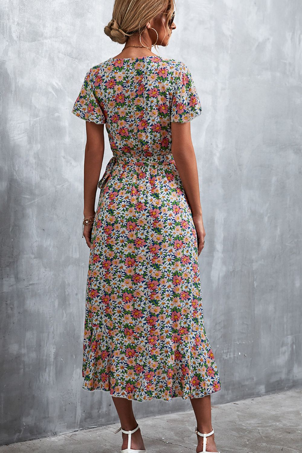Floral Surplice Neck Tied Midi Dress Fitggins