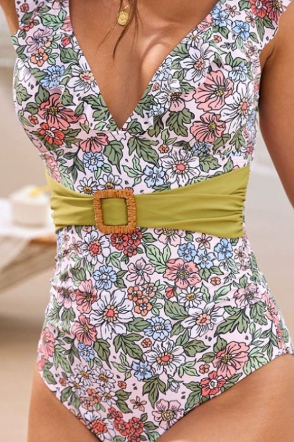 Ruffled Plunge Floral One-Piece Swimwear Fitggins