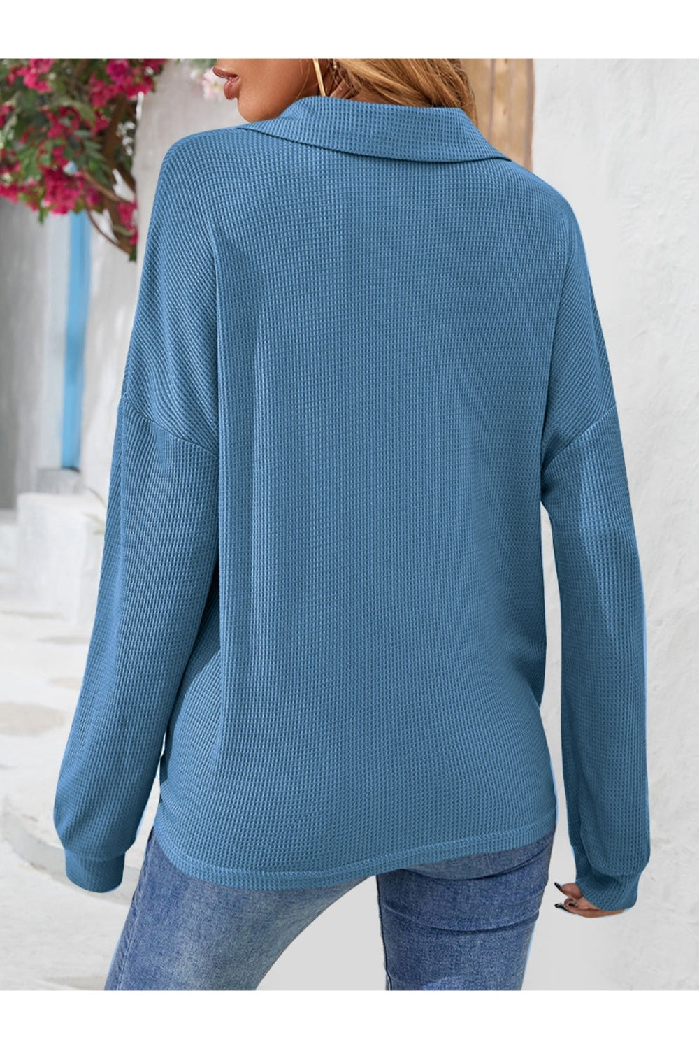 Half Button Collared Neck Long Sleeve Top Fitggins