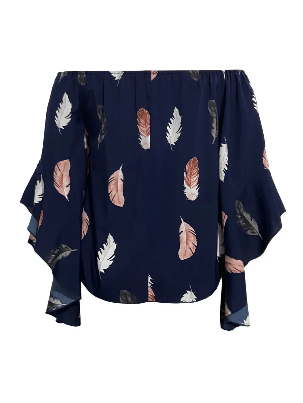Feather Print Smocked Off-Shoulder Blouse Fitggins